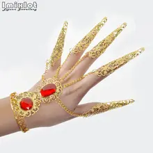 Золотые красные драгоценные камни цветок с кристаллами стразами цепь браслеты на руку с длинный ноготь обертывание танец живота для индийских танцев аксессуары