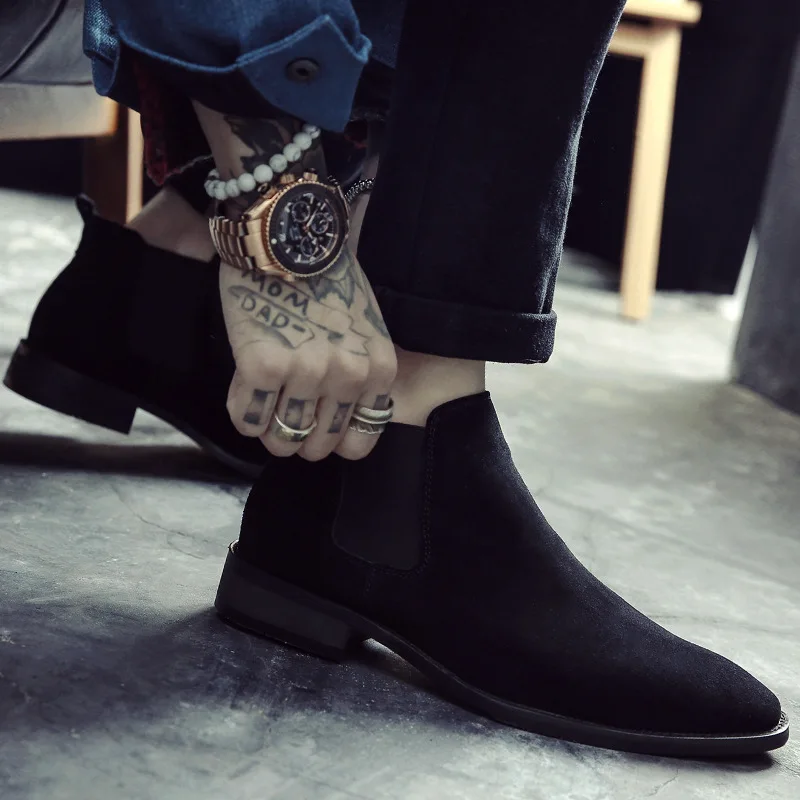 Модные мужские ботинки «Челси» из флока с острым носком; винтажные мотоциклетные ботинки без застежки; однотонная Демисезонная обувь в британском стиле