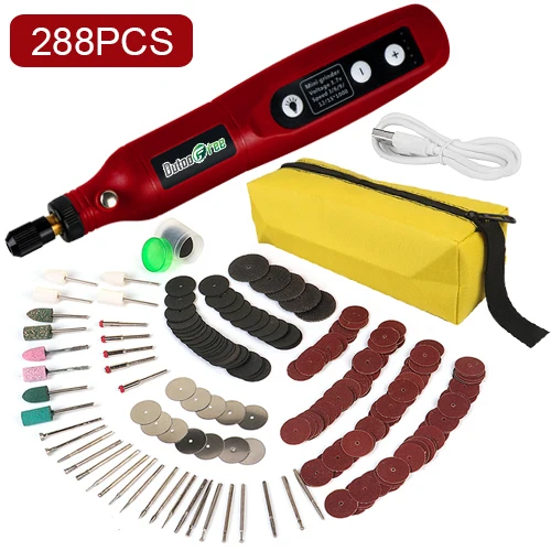 USB Mini Cordless Drill Pen Rechargeable Wireless Engraving Pen With LED Rotary Tool Dremel Electric Drill Grinding Accessories Red-288PCS
