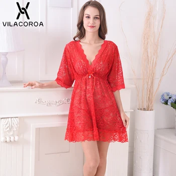 

V Neck Short Sleeves Lace See Through Mini Sleepwear Slim Fit Patchwork High Waist Sleepwear Women Comfortable Sexy Nightgown