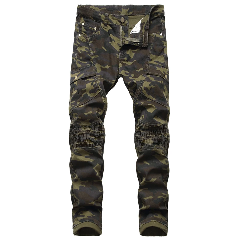 Лоскутные мужские байкерские джинсы камуфляж, узкий обтягивающий мотоцикл джинсовые брюки прямые Промытые молнии хип хоп брюки, 8133 - Цвет: 8133 Camouflage