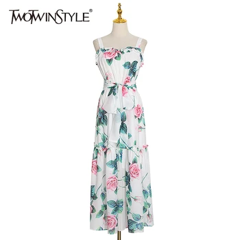 

TWOTWINSTYLE Elegant Print Hit Color Dresses Female O Neck Sleeveless Apsghetti Strap High Waist Patchwork Mesh Dress Women Tide