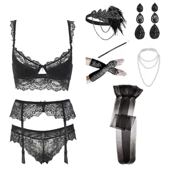 

1920s Accessories Headband Necklace Gloves Cigarette Holder Flapper Costume Accessories Lingerie Set 9pcs/Lot