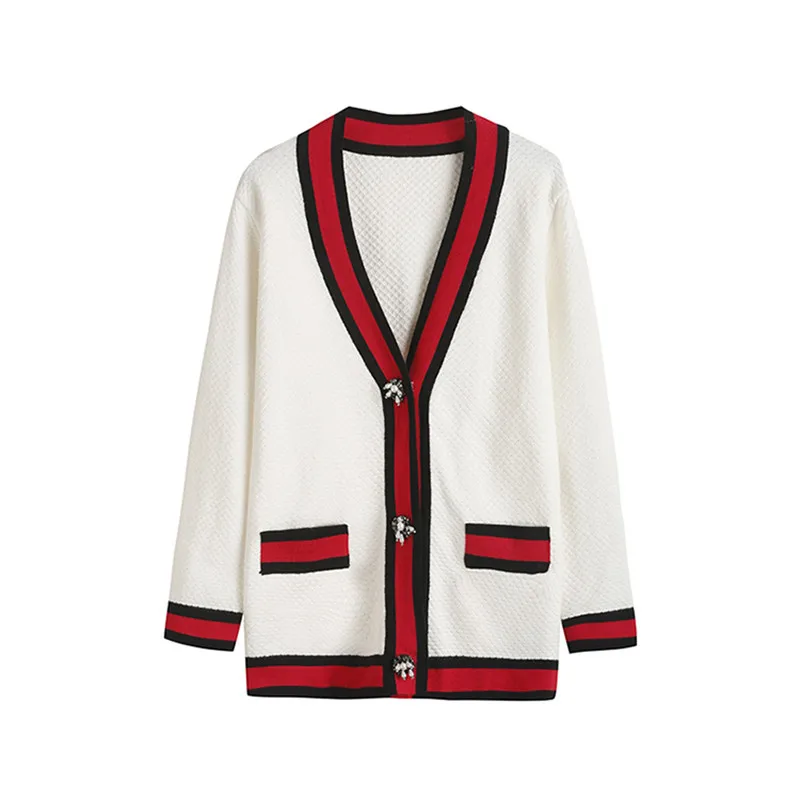 

2019 New Sweater Women Fall Winter G Luxury Designer Runway White V-collar Pearl Button Striped Knitted Cardigan Sweter MY-044