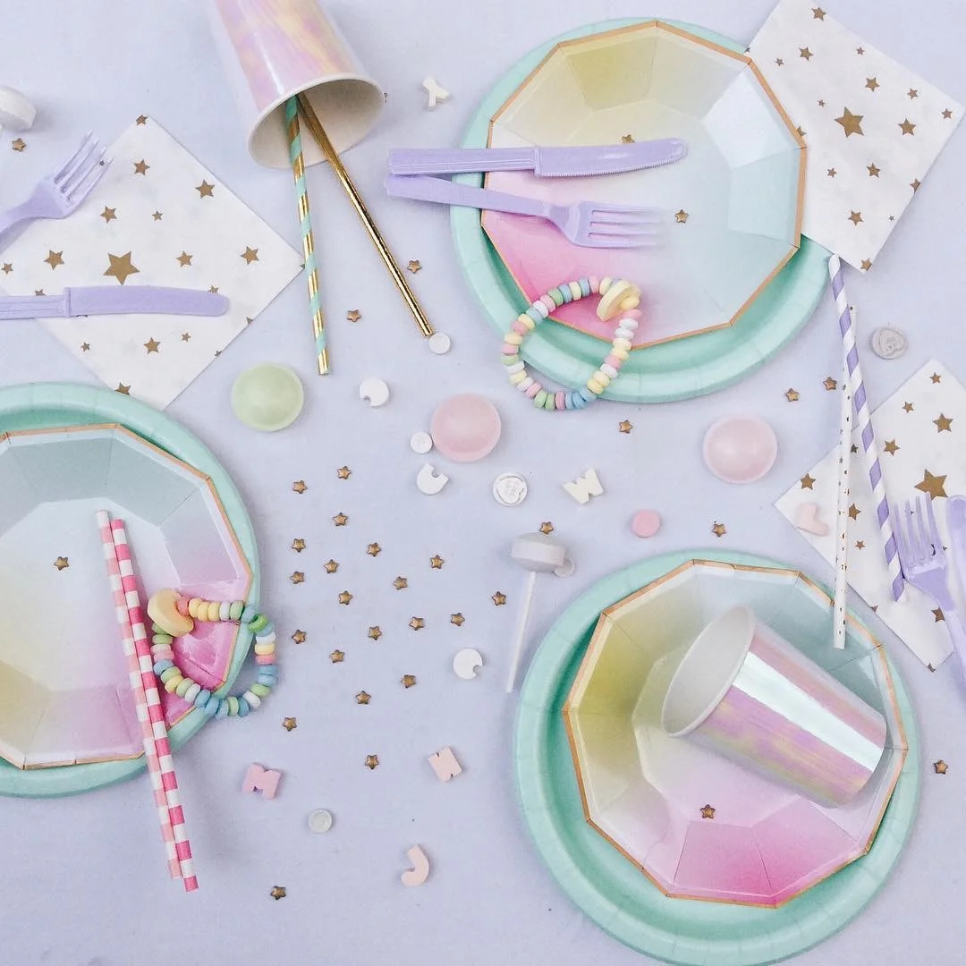 1set Disposable Tableware Rainbow Color Round Flat Paper Cup Paper Towel Party Supplies Birthday Wedding Party Decoration