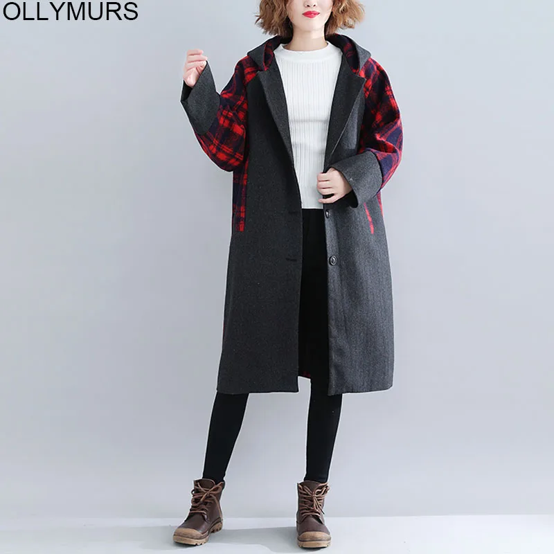 

、2019 New Winter Fashion Splice Plaid Women Cortaviento Mujer Woolen Coat Plus Size 5XL Thicken Velvet Coat Cardigan Windbreake