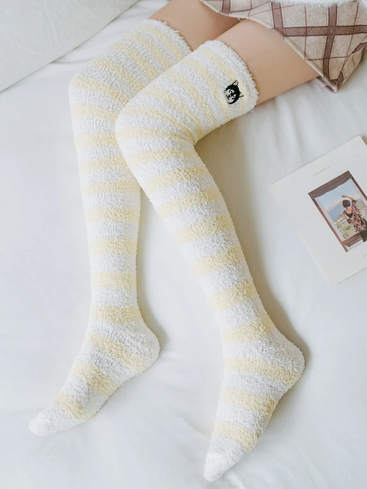 Women's Knee High Socks Stripes Polka Dot Pattern Winter Warm Coral Fleece SL
