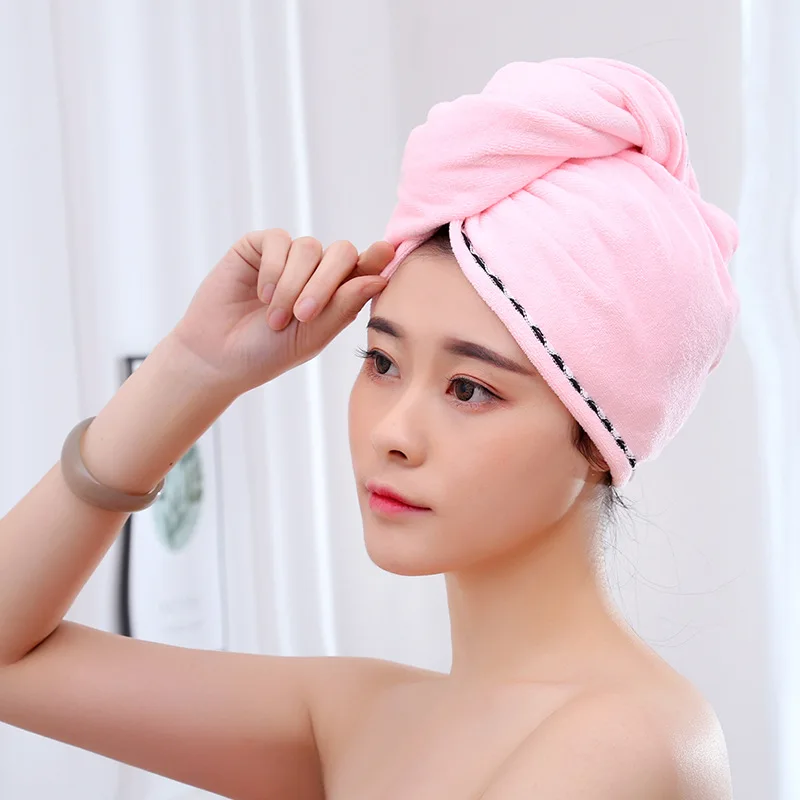 2 шт. полотенце для сухих волос из микрофибры, обернутая шапочка для ванной, быстрый сушильный душ, полотенце с кнопкой MJJ88 - Цвет: light pink