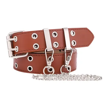 

& Women Fashion Double Hole Pin Buckle Waist Belt for Jeans Metal Waist Punk Chain Luxury Belts PU Leather New Style Decorative