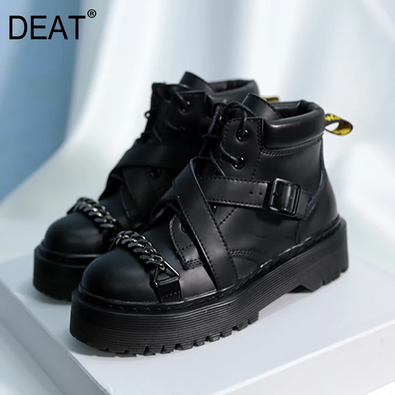 

[DEAT] 2019 Round Toe Bandage Buckle Personality Black Chains Pu Leather Women Short Boots New Spring Autumn Fashion Tide 10D723