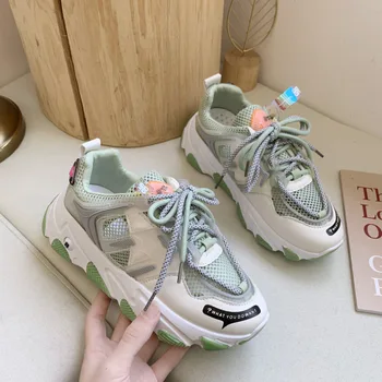 

New Women Platform Sneakers Thick Soled Korean Fashion Lace Up Casual Shoes Ladies Mesh Sports Woman Vulcanized Shoes 2020