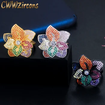 

CWWZircons 3D Big Multicolor Flower Adjustable Open Rings for Women Black Gold Cubic Zirconia Engagement Wedding Jewelry R142