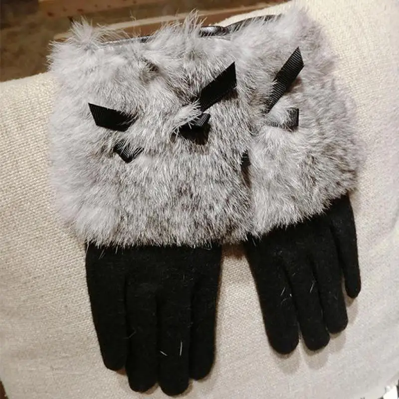 Женские кашемировые перчатки из кроличьего меха, зимние перчатки для сенсорного экрана, женские теплые рукавицы на запястье, модные перчатки для девушек с бантом AGB033