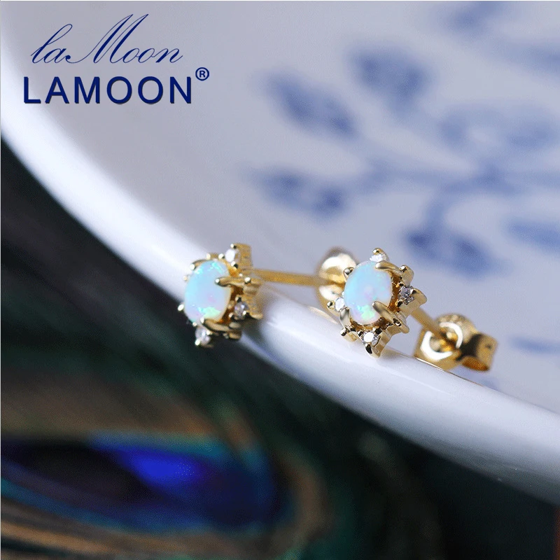 LAMOON 925 пробы Серебряный Опал Октябрь камень 14K желтое золото покрытые серьги