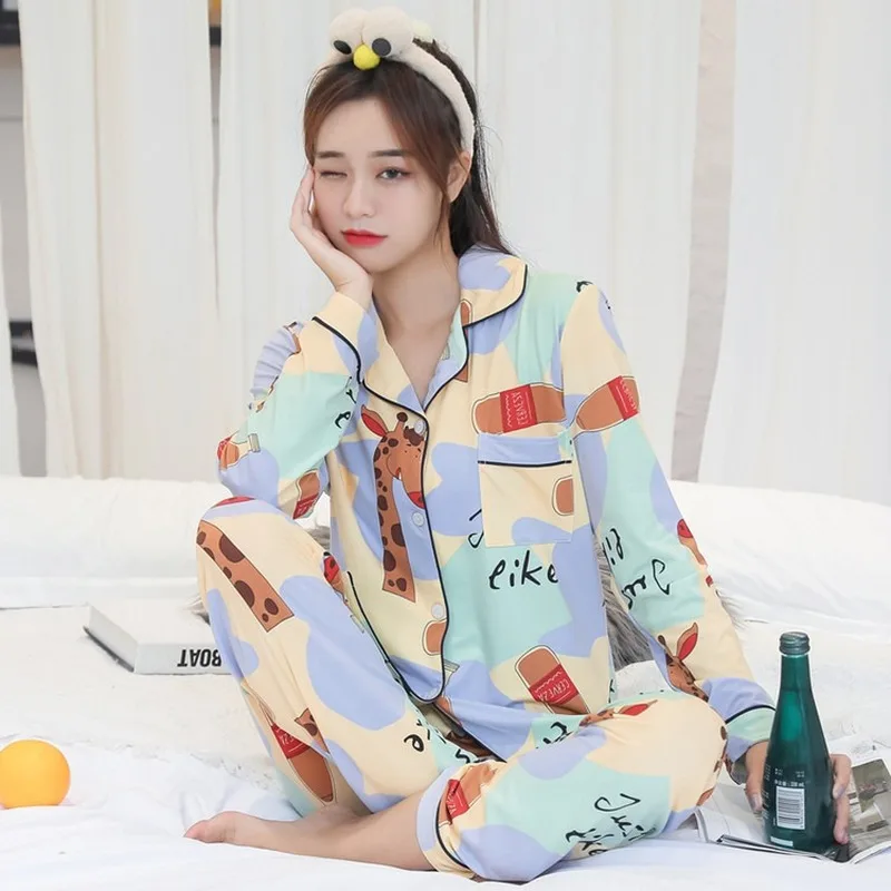 

Pajama Set Women Print V-Neck Cardigan Cotton Sleepwear Comfortable and Breathable Fashion Home Clothes Pijama Mujer Autumn