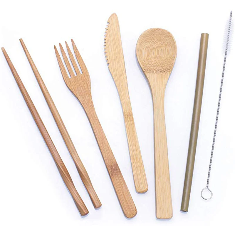 7 шт посуда для путешествий многоразовые бамбуковые столовые приборы набор переносных бамбуковых столовых приборов включает бамбуковые вилки ложки нож палочки для еды солома и