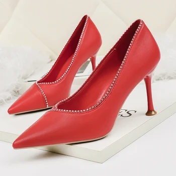

2020 Woman 8cm High Heel Stiletto crystal Pump lady Quality red Wedding Bridal apricot Luxury Quality Escarpins Party Work shoes