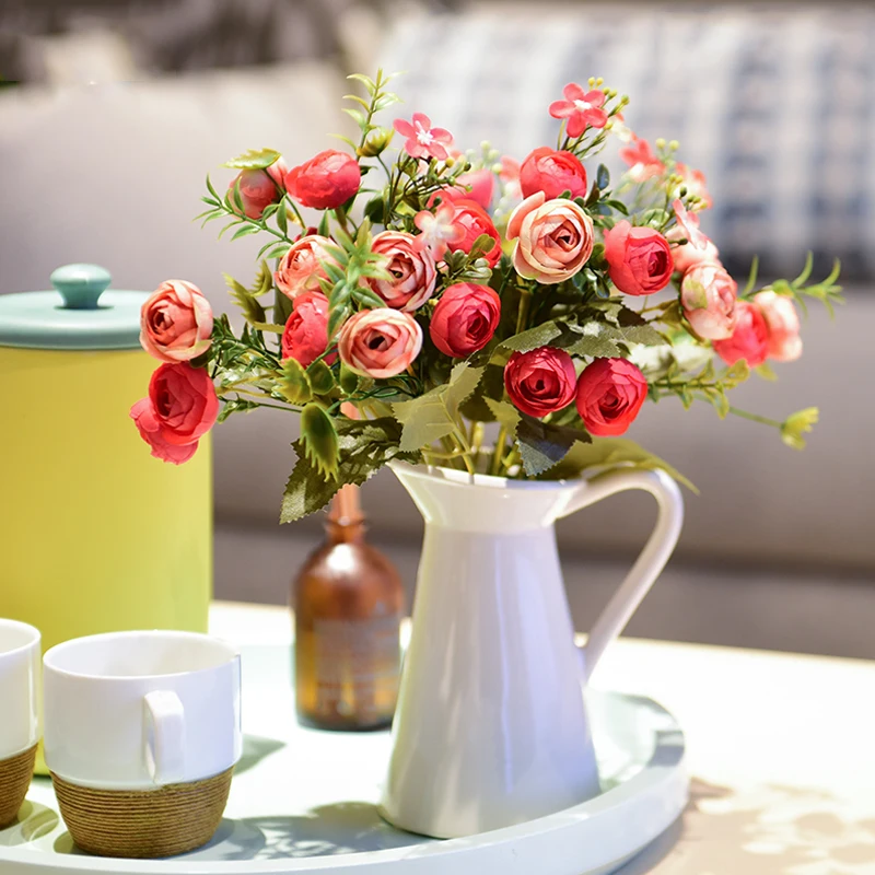 

Silk Tea Roses Artificial Flowers Small Rose Bride Bouquet Xmas Party Decor Faux Fake Flowers Wedding Home Decoration