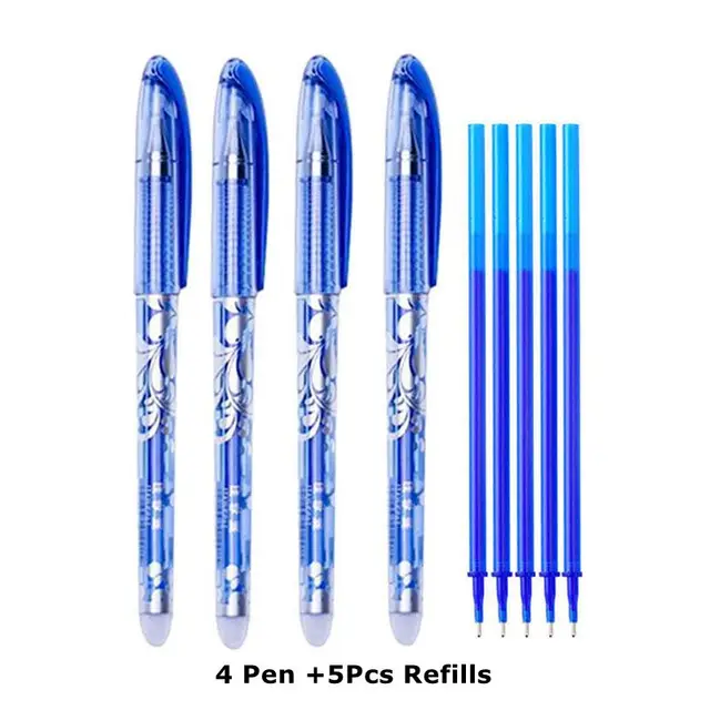 Erasable Pen Set 0.5mm Needle Bullet Tip Gel Ink Pens Refills Rods write erase Washable Handle for School Office Supplies 4 pen 5 refills C