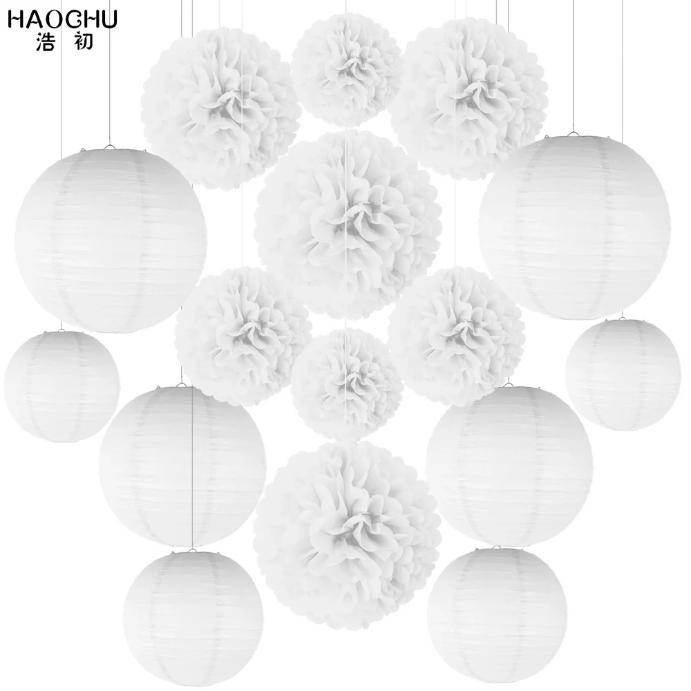 White 16 шт./лот Китайские бумажные фонарики фонарь ткань Pom Poms различные размеры круглые бумажные фонарики Свадебные подвесные украшения для вечеринки - Цвет: White