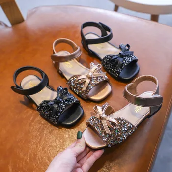 

2020 New Summer Big Girls' Bow Sandals Fashion Sequins Princess Shoes Black Fish Mouth Shoes Toddler Baby Shoes Size 25-36