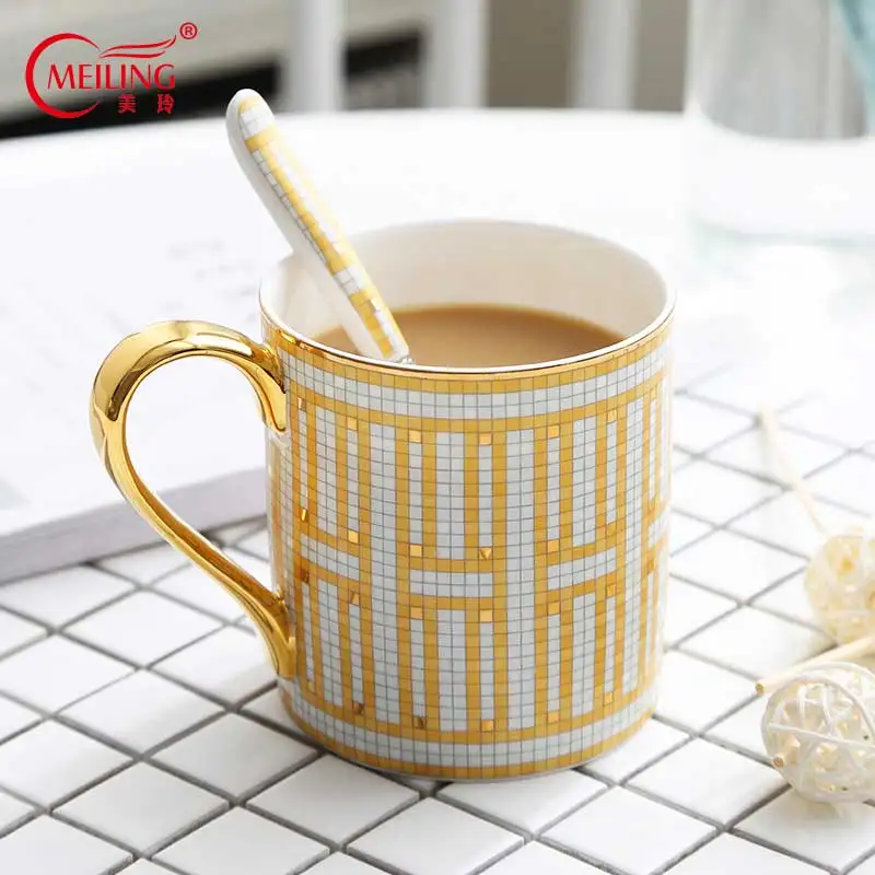 

Classic Mosaic Coffee Mug With Spoon Ceramic Travel Mug For Tea Latte Bone China Cup Drink Ware Decor Luxury Mother Boss Gifts