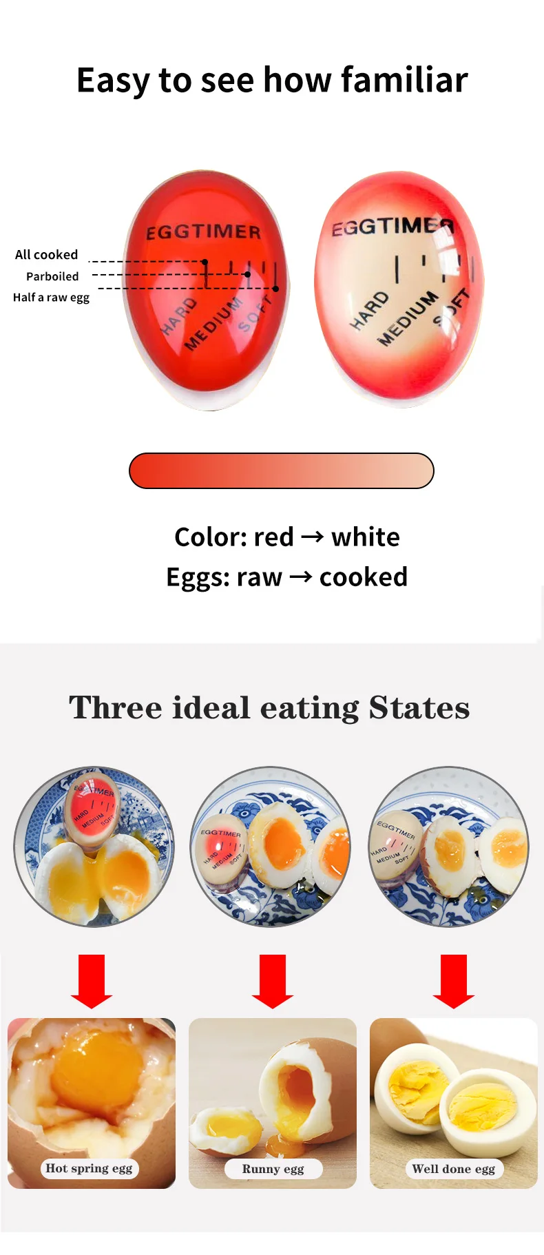 top Kitchen Tools & Gadgets  Egg Timer Perfect Color Changing Timer Yummy Soft Hard Boiled Eggs Cooking Kitchen Eco-Friendly Resin Egg  Red timer tools utensil pot