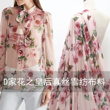 

2YDS/Lot 2020 New Spring Printed Nice Rose Floral Design Real Silk Lace Fabric For Dresses handmade shirt Silk Lace Fabric