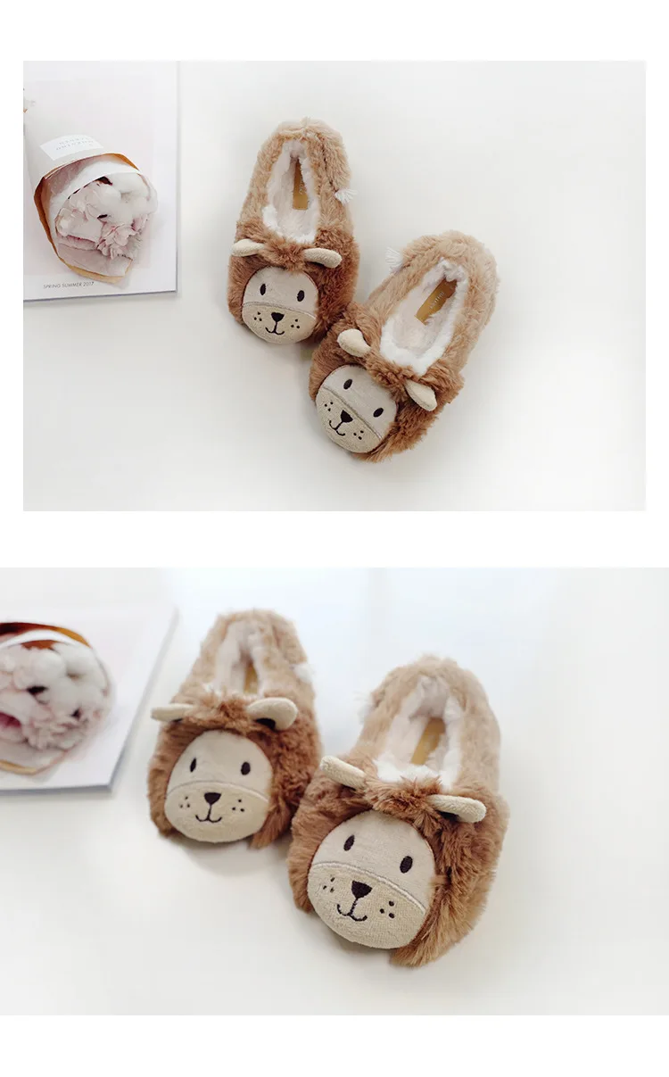 Suihyung Cute Animal Slippers Kids Winter Warm Home Slippers Children Soft Non-slip Indoor Floor Shoes Furry Lion Plush Slippers