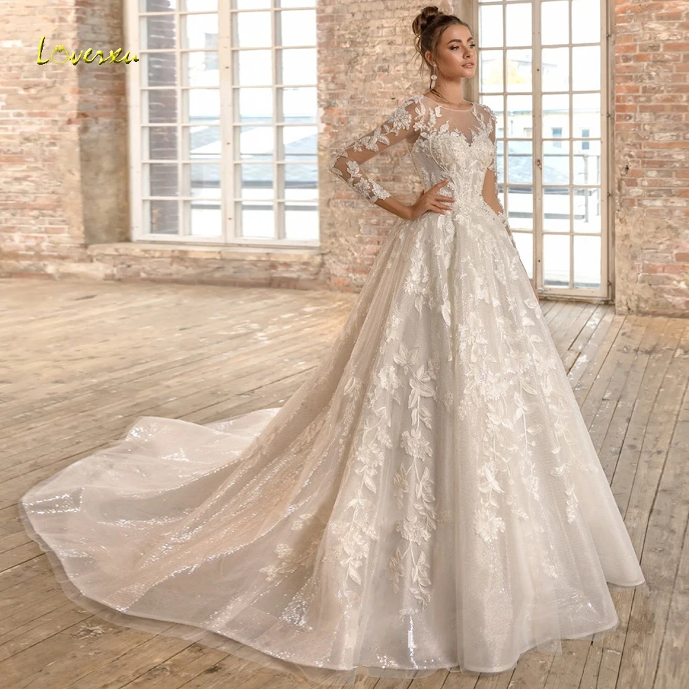 

Loverxu Scoop Ball Gown Glitter Wedding Dresses 2019 Appliques Beading Long Sleeve Backless Bride Dress Chapel Train Bridal Gown