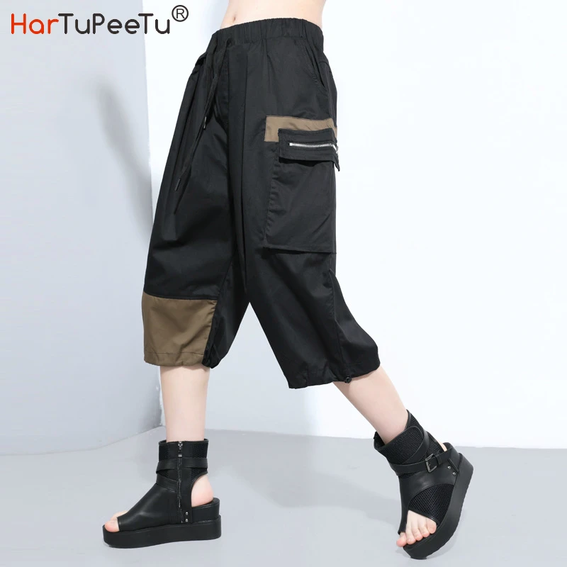 

Calf-length Cargo Pants Women Plus Size Trouser Elastic High Waist with Lace-up Patchwork Drawstring Bottom Side Zipper Pockets