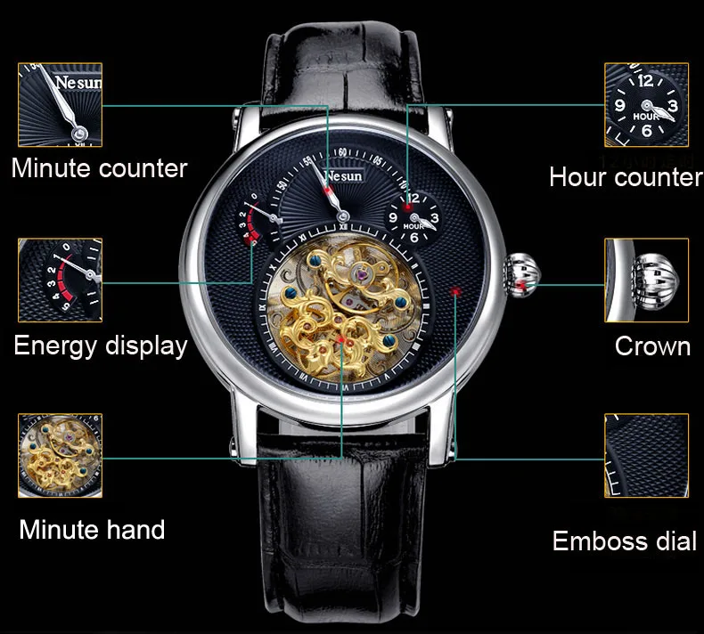 Швейцарские роскошные Брендовые Часы Nesun Hollow Tourbillon, Мужские автоматические механические часы, сапфировые водонепроницаемые часы N9081-1