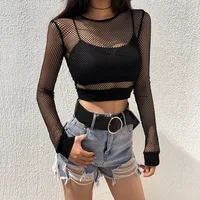 Sexy Black Hollow Out Mesh T-Shirt Female Skinny Crop Top 2023 New Fashion Summer Basic Tops For Women Fishnet Shirt 5