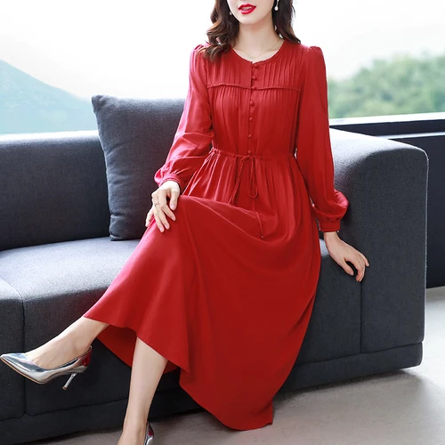2022 Red Fashion Cotton And Linen Midi Dresses Women Korean