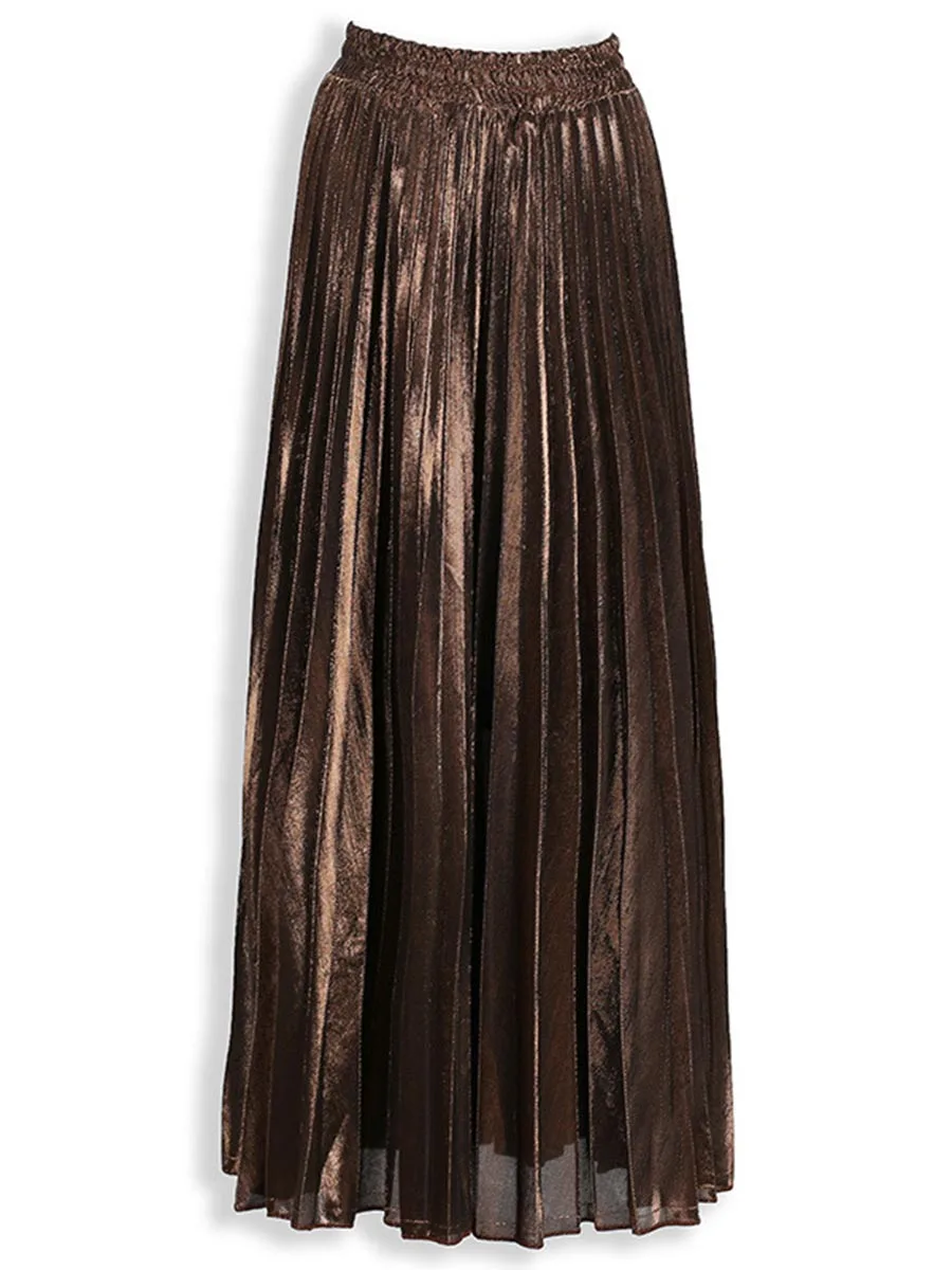 Осенние блестящие длинные юбки для женщин, Золотая Мода, высокая талия, элегантная женская блестящая плиссированная юбка макси, осенняя Женская юбка