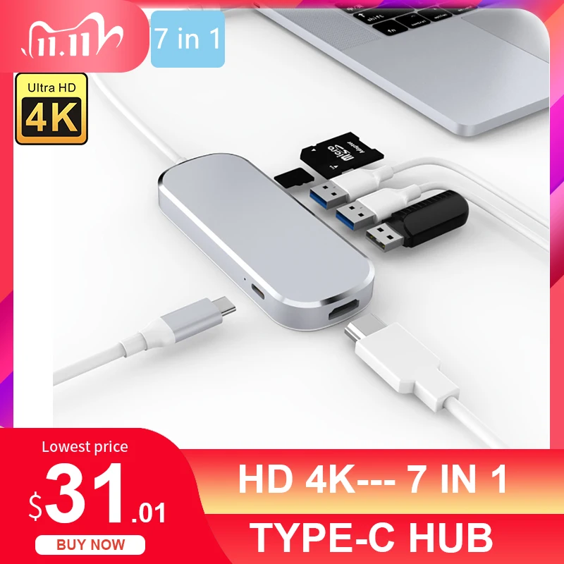 

Type-C HUB USB HUB to USB 3.0 HDMI-4K TF SD Adapter for MacBook Pro Air HUB Thunderbolt 3 Dock USB Splitter Dual Type C HUB