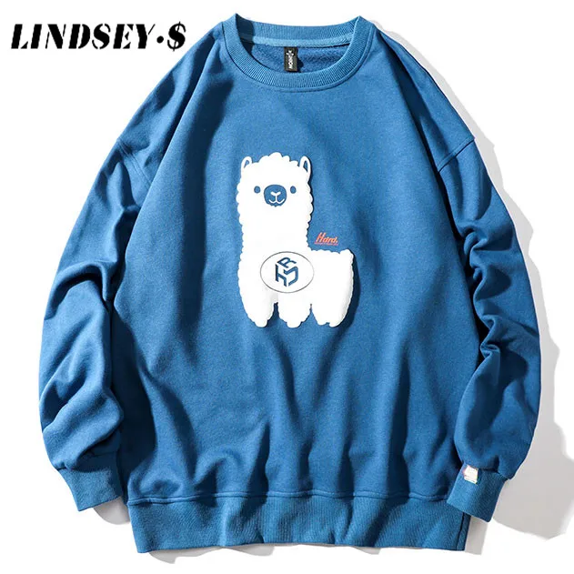 

LINDSEY SEADER Men Hip Hop Sweatshirts Stereo Alpaca Print Fashion Solid O-Neck Pullover Hoodies Autumn Winter Basic Clothes Top