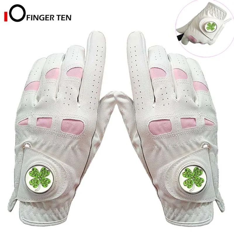 Deluxe Leather Comfortable Golf Gloves Women Pair with Ball Marker Left