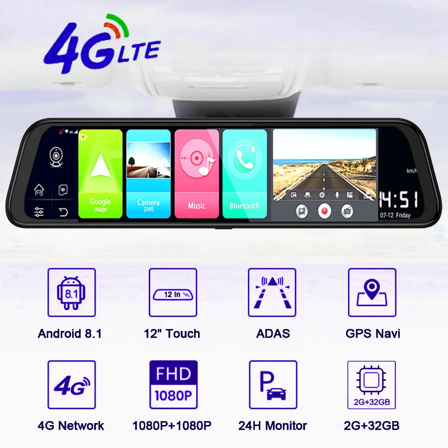 WHEXUNE 1" зеркало заднего вида 4G Android 8,1 dash камера 2G ram 3 2G rom gps навигация автомобильный видеорегистратор ADAS WiFi ночное видение