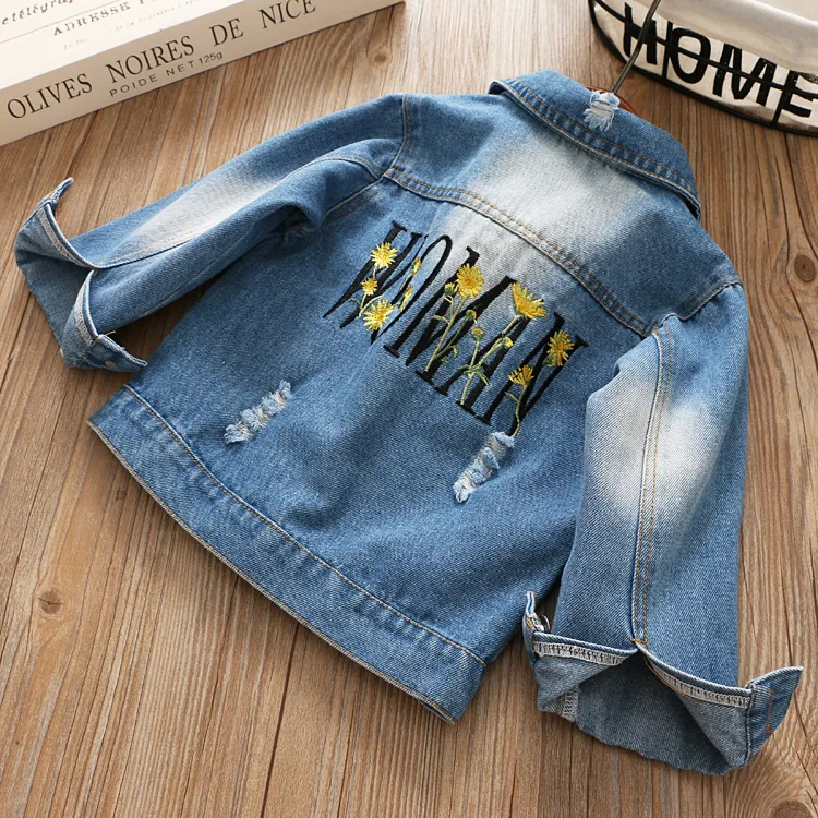 

Korean-style Childrenswear 2019 Autumn Girls Lettered Embroidered Jeans Baby Children Fold-down Collar Jacket CHILDREN'S Jacket