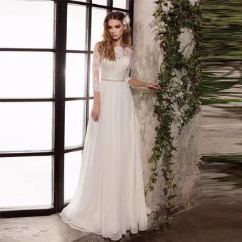 

Quarter Sleeves Lace Top Simple Chiffon Skirt Wedding Dress Buttons Back Bridal Gowns 2021 Spring Robe De Mariage Formal