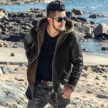 

medium long imitation leather lambskin type men's fur Hooded Coat fur jacket f8303