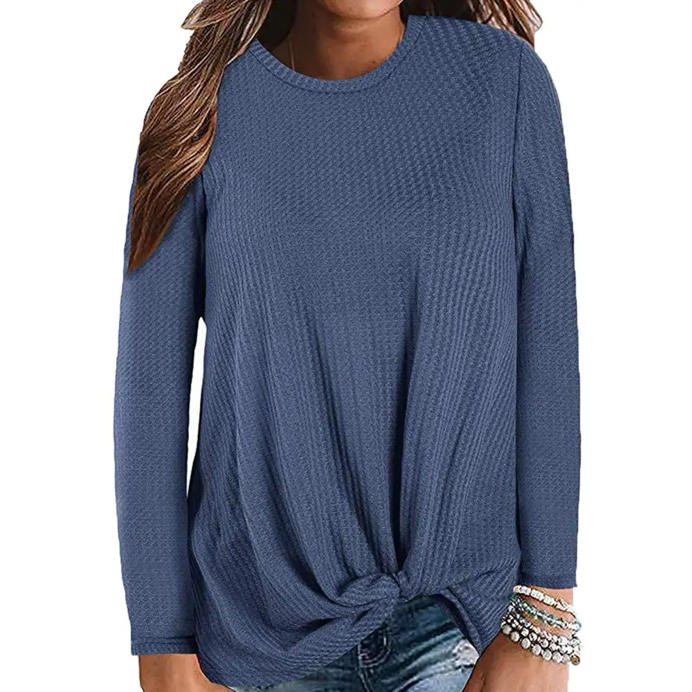 Шикарные женские свитера размера плюс, одноцветные вязаные свитера с круглым вырезом и длинным рукавом - Цвет: Синий