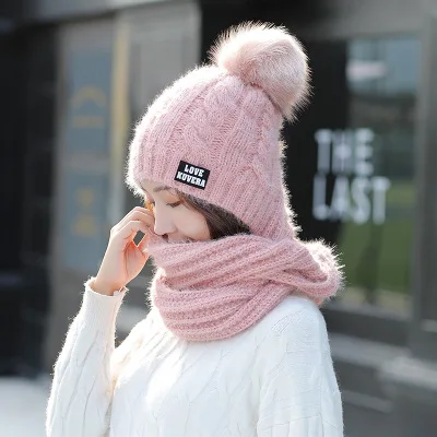 Роскошная Брендовая женская шапка и снуд 2/комплект, плотный вязаный шарф-снуд, женские шапки с помпоном, зимняя теплая мягкая шапка Skullies бордового цвета - Цвет: pink