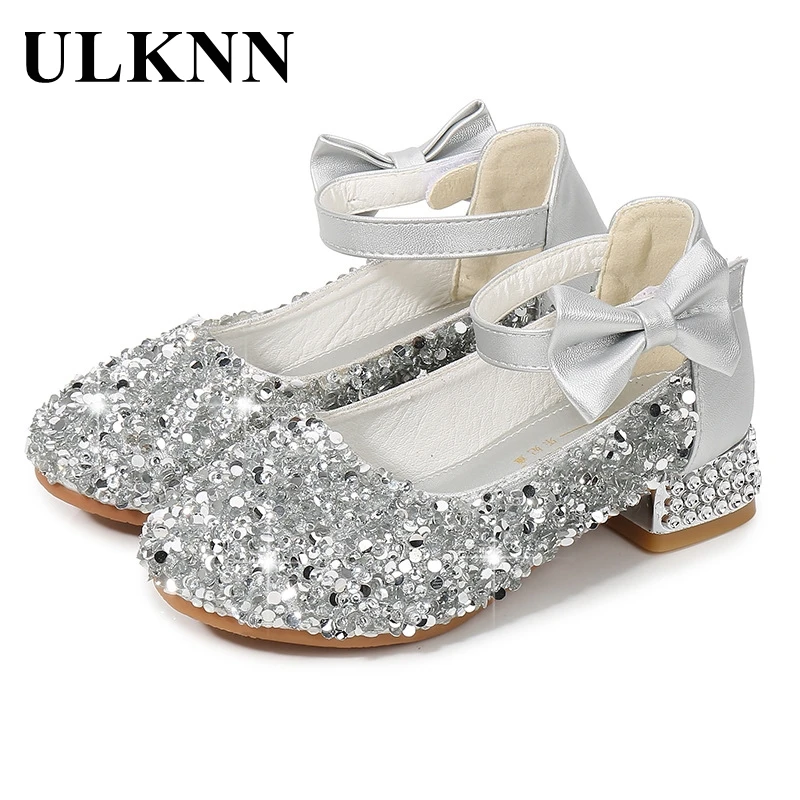 ULKNN Girls Princess Shoes Kids Crystal Leather Shoes 2021 Spring New Children's Single High Heel Shoes Bow-knot Silver 26-38 girls shoes