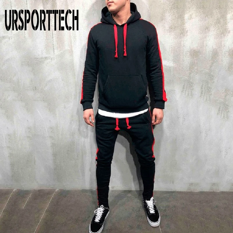 

URSPORTTECH New Autumn Tracksuit Men Set Striped Patchwork Hoodies+Pant 2 Pieces Set New Casual Hooded Sweatshirt Sportswear Set