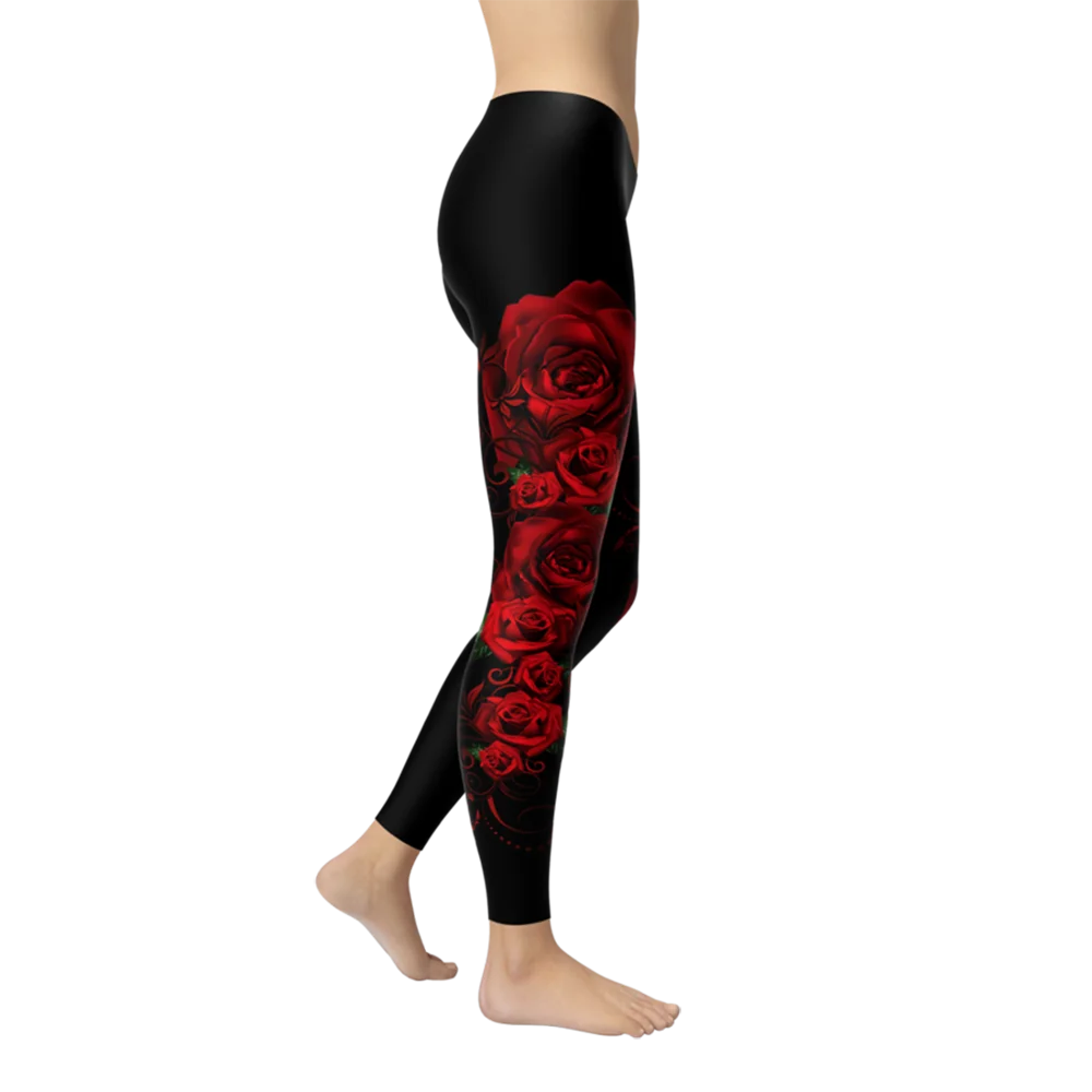 Спортивные Новые стильные женские обтягивающие Полиэстеровые леггинсы с эффектом пуш-ап красная роза эластичные леггинсы для фитнеса с принтом