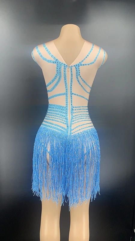 New Style Blue Rhinestone Fringe Spandex Bodysuit Women Dancer DS Party Wear Birthday Bar Singer Show Outfit brown bodysuit