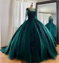 

Elegant Emerald Green Lace Quinceanera Dresses for Vestidos 16 Year Ball Gown Full Sleeve Appliques Illusion Party Dress for Gir