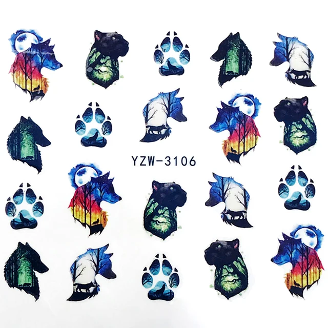 Nail Stickers Sliders For Nails Winter Sticker Elk Figure Nail Art Decorations Wolf Animal Transfer Watermark Water Slider YZW-3106